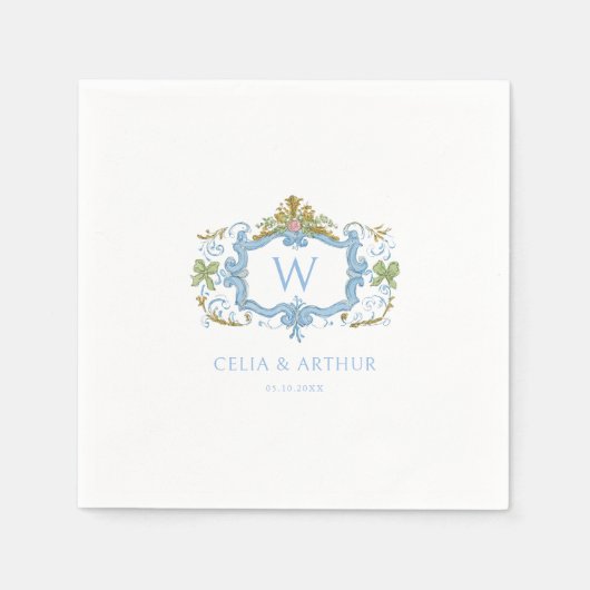 Rococo Blau Monogram Wapen Huwelijk  Servet (Voorkant)