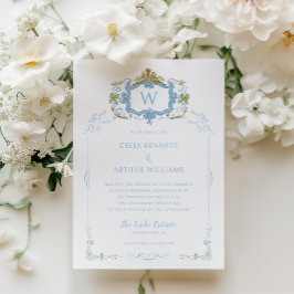 Rococo Blau Monogram Wapen Huwelijksfeest Kaart