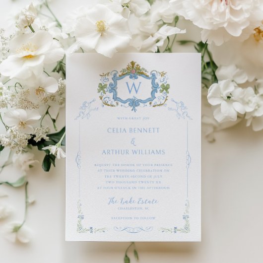 Rococo Blau Monogram Wapen Huwelijksfeest Kaart