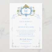 Rococo Blau Monogram Wapen Huwelijksfeest Kaart (Voorkant)