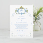 Rococo Blau Monogram Wapen Huwelijksfeest Kaart (Staand voorkant)