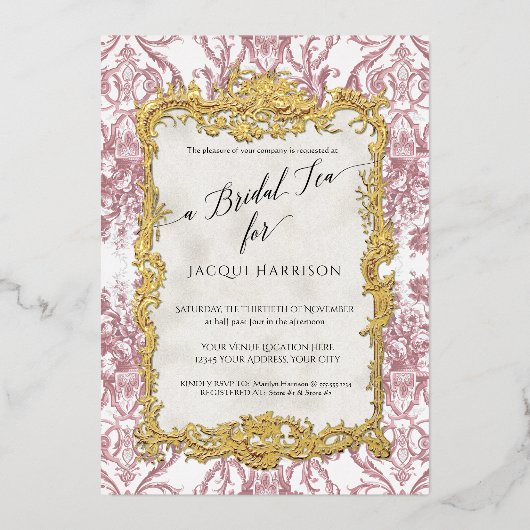  Rococo Bloemen Stoffige Roze N Gouden Bruidsthee Folie Uitnodiging (Voorkant)