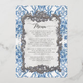  Rococo Bloemenblauw Wit Diner Menu Folie Uitnodiging (Voorkant)