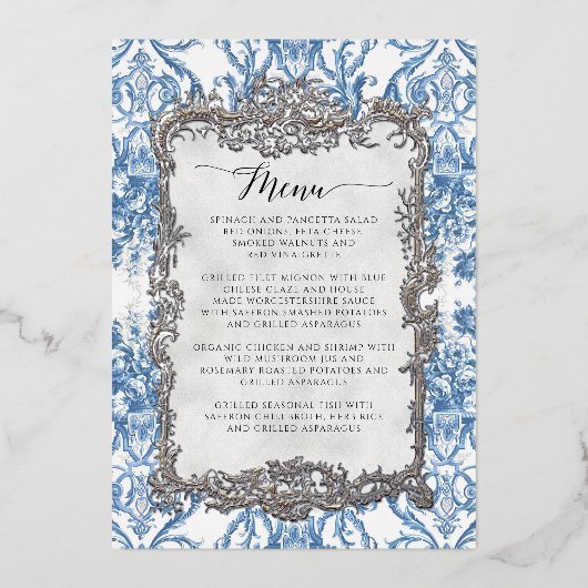  Rococo Bloemenblauw Wit Diner Menu Folie Uitnodiging (Voorkant)