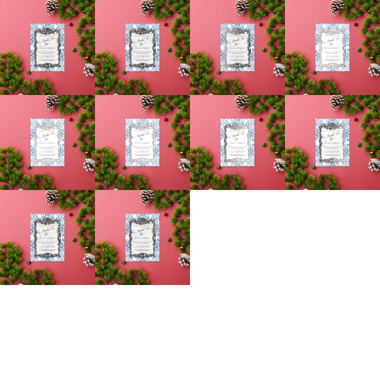 Rococo Bloemenblauw Wit Zilver Bruidsthee Folie Uitnodiging