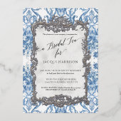 Rococo Bloemenblauw Wit Zilver Bruidsthee Folie Uitnodiging (Voorkant)