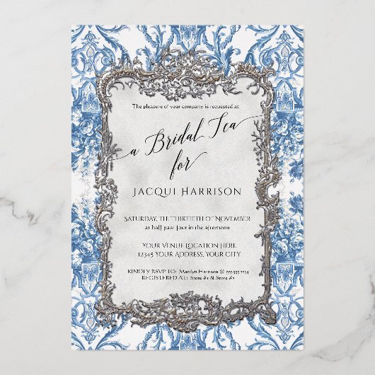 Rococo Bloemenblauw Wit Zilver Bruidsthee Folie Uitnodiging (Voorkant)