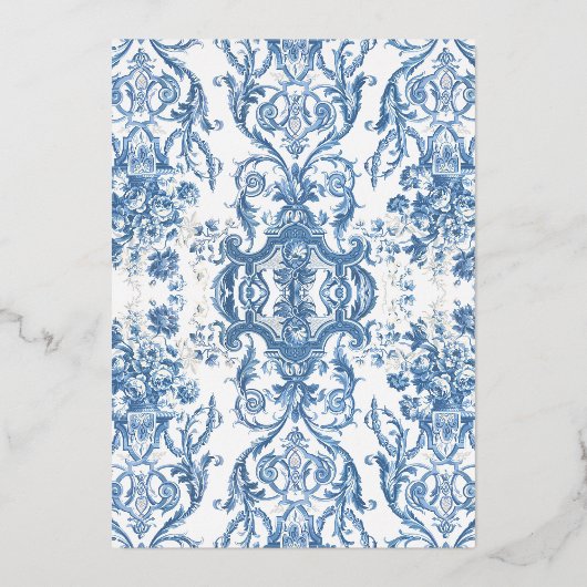  Rococo Bloemenblauw Wit Zilver Bruidsthee Folie Uitnodiging (Achterkant)