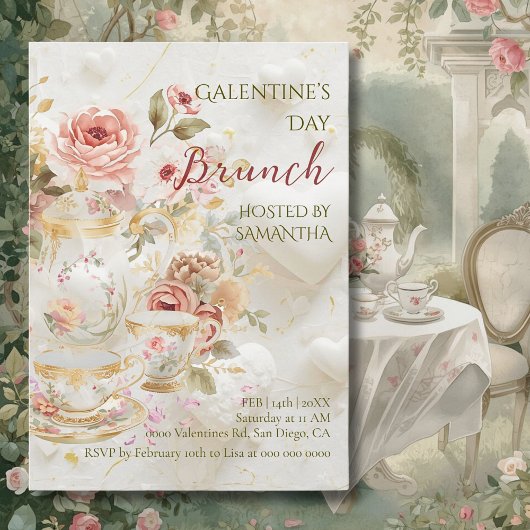 Rococo Bloemige Thee Galentine Brunch Zachte Paste Kaart