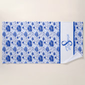 Rococo Blue Floral Elegance Monogram Naam Strandlaken (Voorkant)