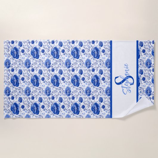 Rococo Blue Floral Elegance Monogram Naam Strandlaken (Voorkant)