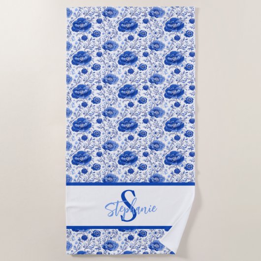 Rococo Blue Floral Elegance Monogram Naam Strandlaken (Voorkant)