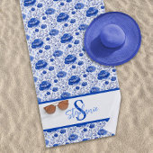 Rococo Blue Floral Elegance Monogram Naam Strandlaken