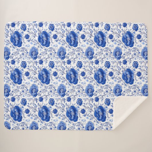 Rococo Blue Floral Elegance Sherpa Deken (Voorkant (horizontaal))