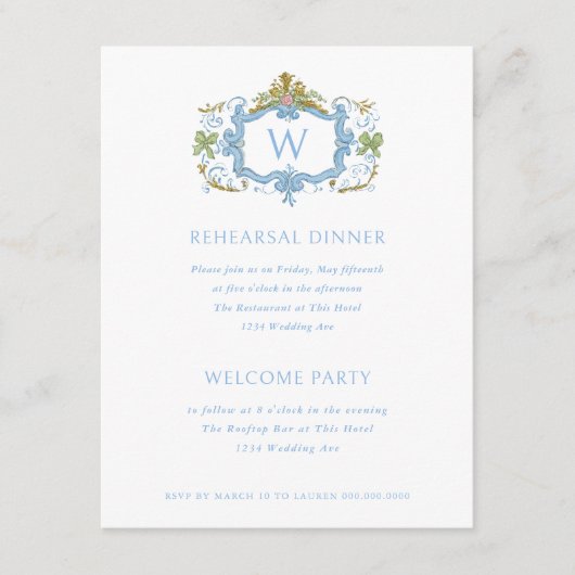 Rococo Blue Monogram Crest Rehearsal Dinner Kaart (Voorkant)