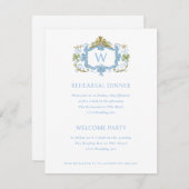 Rococo Blue Monogram Crest Rehearsal Dinner Kaart (Voorkant / Achterkant)