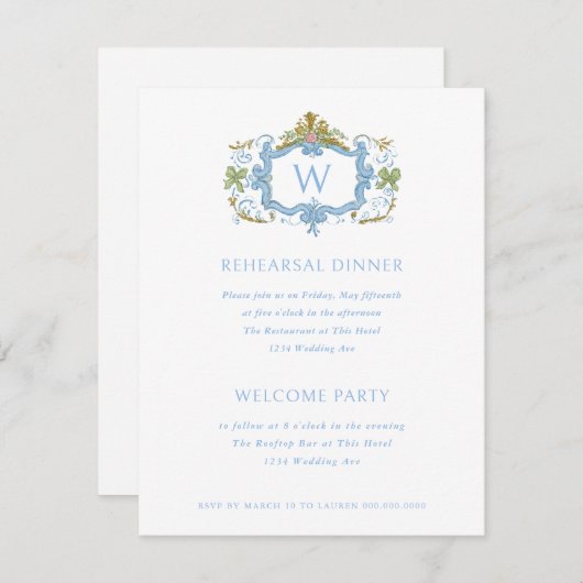 Rococo Blue Monogram Crest Rehearsal Dinner Kaart (Voorkant / Achterkant)