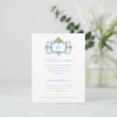 Rococo Blue Monogram Crest Rehearsal Dinner Kaart (Staand voorkant)