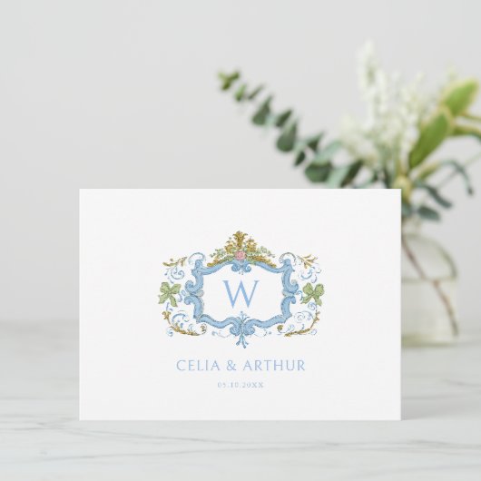 Rococo Blue Monogram Crest Wedding  Bedankkaart (Staand voorkant)
