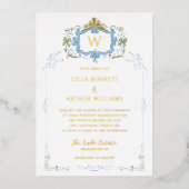 Rococo Blue Monogram Crest Wedding Folie Uitnodiging (Voorkant)