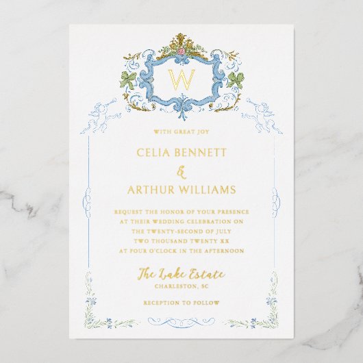 Rococo Blue Monogram Crest Wedding Folie Uitnodiging (Voorkant)