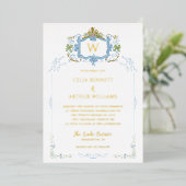 Rococo Blue Monogram Crest Wedding Folie Uitnodiging (Staand Voorkant)