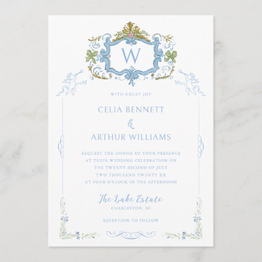 Rococo Blue Monogram Crest Wedding Kaart (Voorkant)