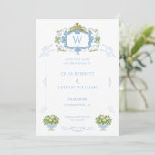 Rococo Blue Monogram Crest Wedding Save The Date (Staand voorkant)
