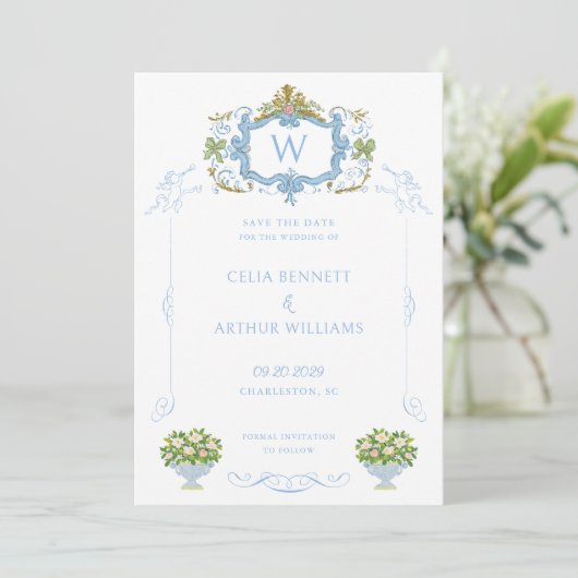 Rococo Blue Monogram Crest Wedding Save The Date (Staand voorkant)