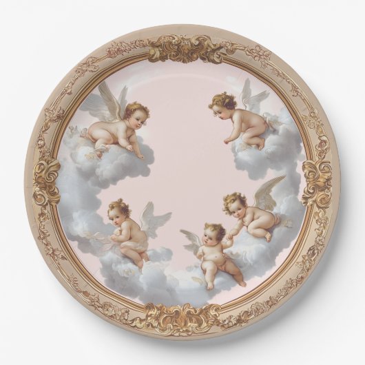 Rococo Cherub Pink Cloud Party Bord (Voorkant)