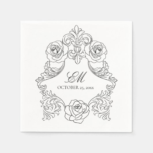 Rococo Crest Monogram Black & White Wedding Logo Servet (Voorkant)
