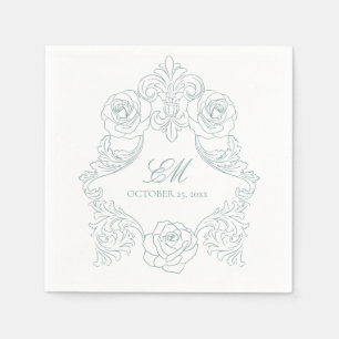 Rococo Crest Monogram Dusty Blue Wedding Logo Servet