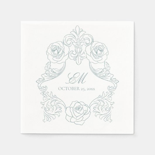 Rococo Crest Monogram Dusty Blue Wedding Logo Servet (Voorkant)