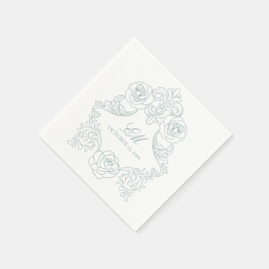 Rococo Crest Monogram Dusty Blue Wedding Logo Servet (Hoek)