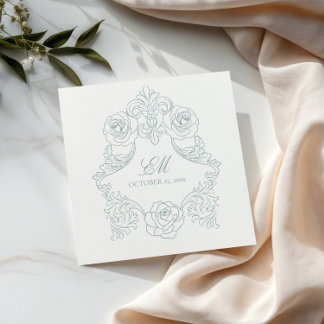 Rococo Crest Monogram Dusty Blue Wedding Logo Servet