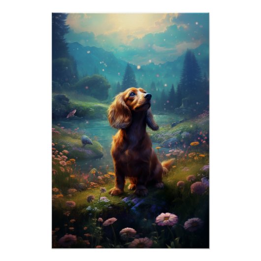 Rococo Dachshund die een weide verkennen Perfect Poster (Voorkant)