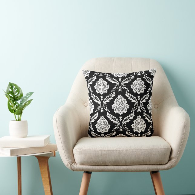Rococo Damask 2-weg groot patroon BW Kussen (Stoel)
