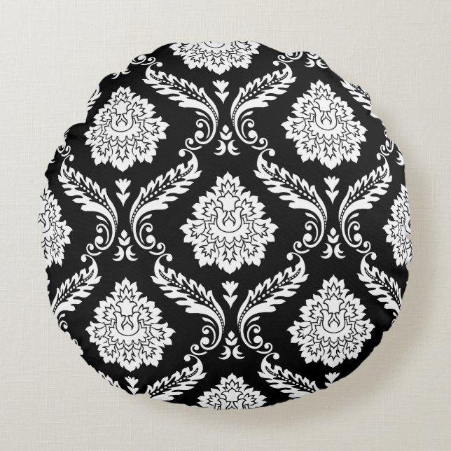 Rococo Damask 2-weg groot patroon BW Rond Kussen (Voorkant)