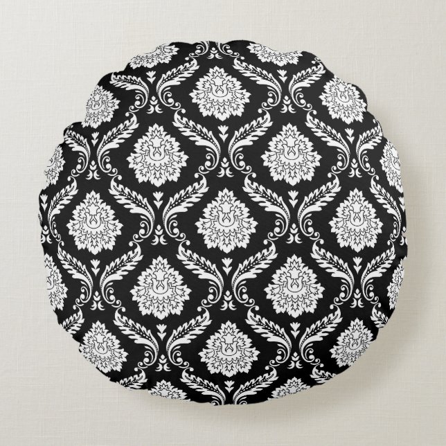 Rococo Damask 2-weg patroon Zwart+Wit Rond Kussen (Voorkant)