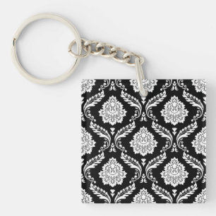 Rococo Damask 2-weg patroon Zwart + Wit Sleutelhanger