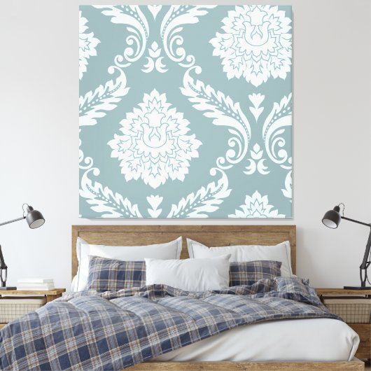 Rococo Damask Art I Duck Egg Blue+Teal Canvas Afdruk (Insitu (Slaapkamer))