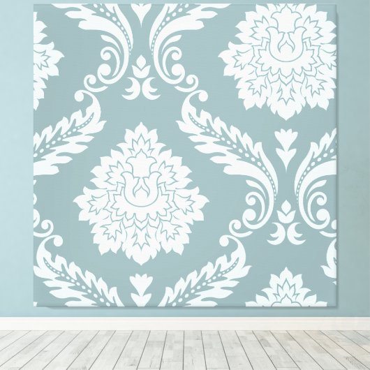 Rococo Damask Art I Duck Egg Blue+Teal Canvas Afdruk (Insitu (Houten vloer))