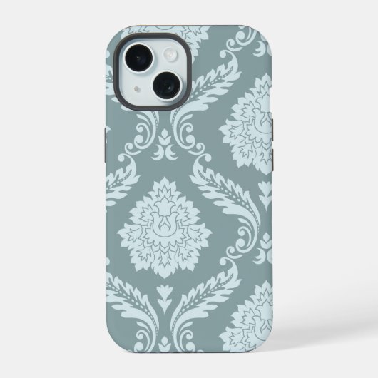Rococo Damask Art I Duck Egg Blue+Teal iPhone 15 Case (Achterkant)