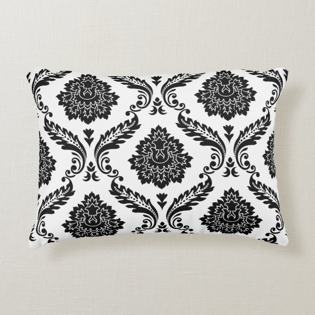 Rococo Damask Big Pattern Black on White Accent Kussen (Voorkant)