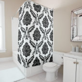 Rococo Damask Big Pattern Black on White Douchegordijn (In situ)