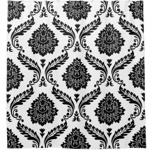 Rococo Damask Big Pattern Black on White Douchegordijn (Voorkant)
