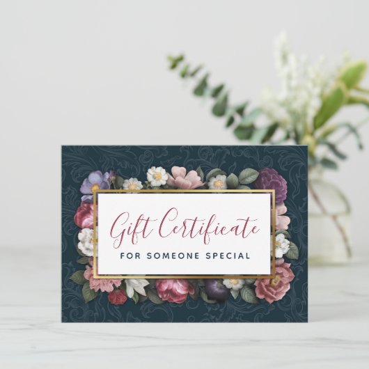 Rococo Damask & Floral Navy Gift Certificate Kaart (Staand voorkant)