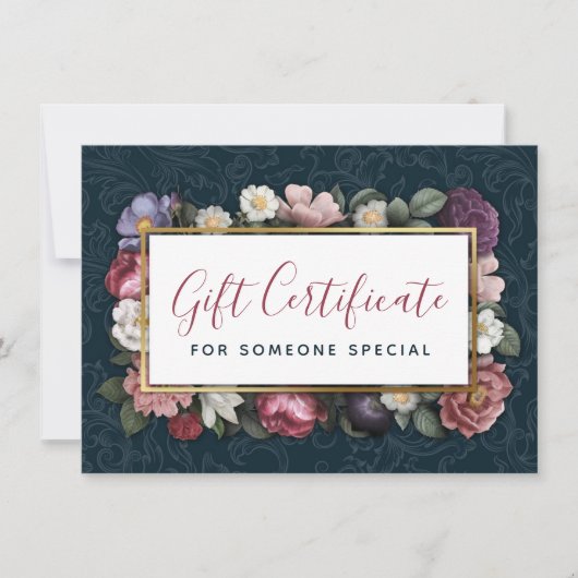Rococo Damask & Floral Navy Gift Certificate Kaart (Voorkant)