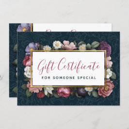 Rococo Damask & Floral Navy Gift Certificate Kaart