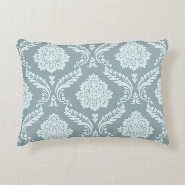 Rococo Damask Groot Patroon Eendenei Blauw+Turquoi Accent Kussen (Voorkant)